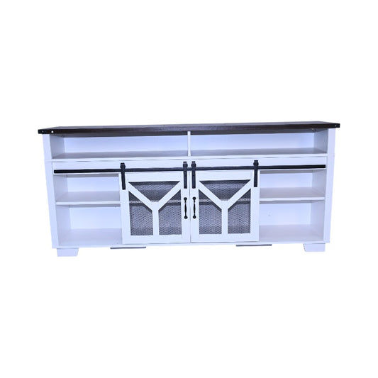 65.3 TV Stand With LED Light Strips And Iron Mesh Barn Door Y Decorative Strip White Black Walnut Color Top Farmhouse