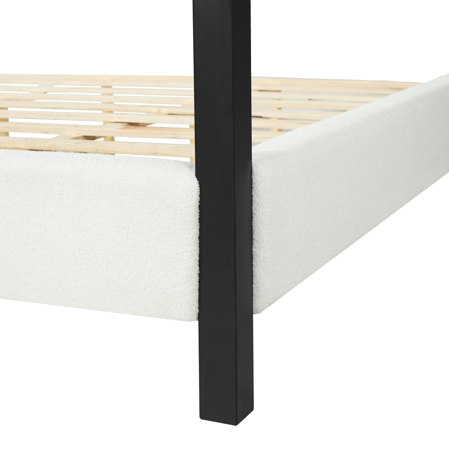 Modern Black Metal Canopy Bed With Plush White Boucle Upholstery, Queen