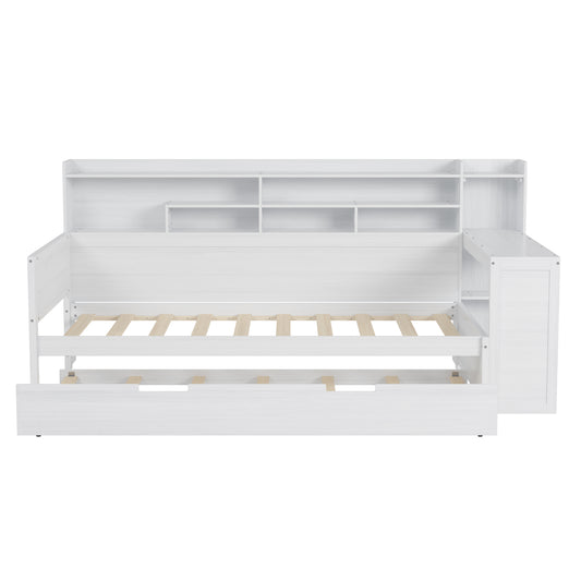 Wooden Twin Size Daybed With Storage Shelves, Multi-functional Bed With Twin Size Trundle Bed And Study Desk, Antique White