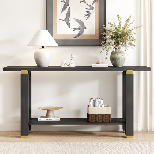 U Style 62.9 Modern Minimalist Console Table Solid Wood Entryway Sofa Table With Metal Accents Built In Shelf For Living Room Hallway 3 Colors Black Gray Natural