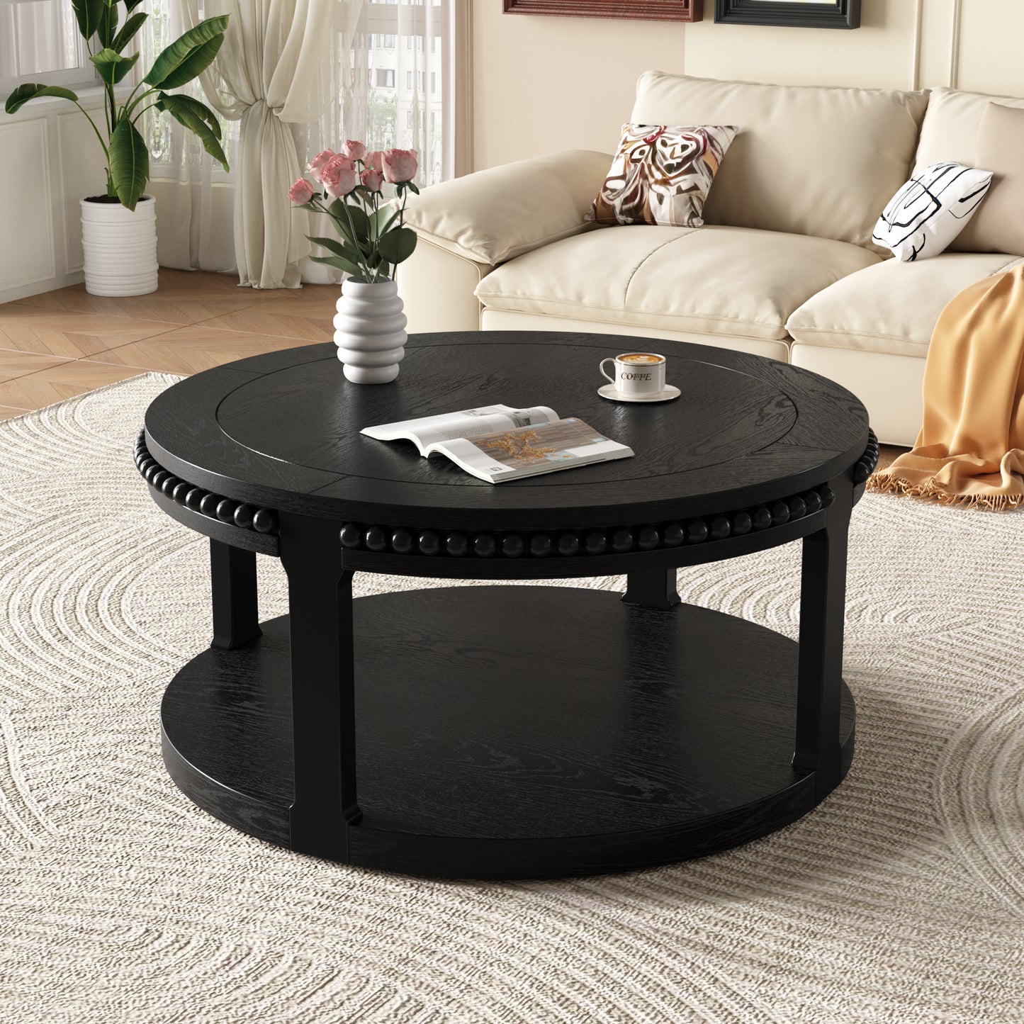 31.5 Inch Solid Wood Round Coffee Table For Living Room,2-Tier Rustic Wood Desktop With Storage Shelf Modern Design Home Furniture Black