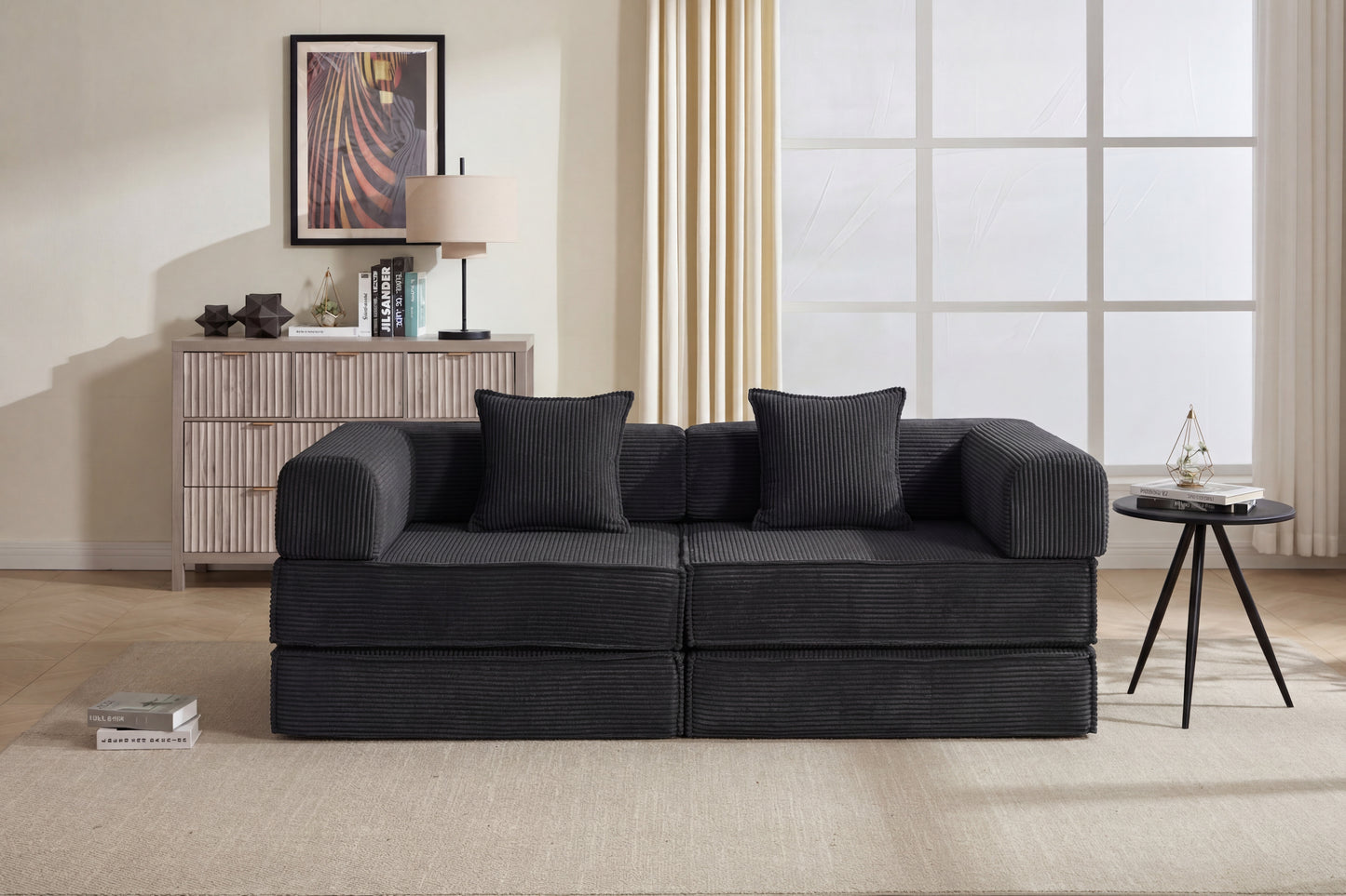 78 Convertible Sofa Bed, Modular Corduroy Couch With 2 Pillows, Space-Saving Compressed Floor Sofa, Ideal For Living Room, Bedroom, Apartment,Black.