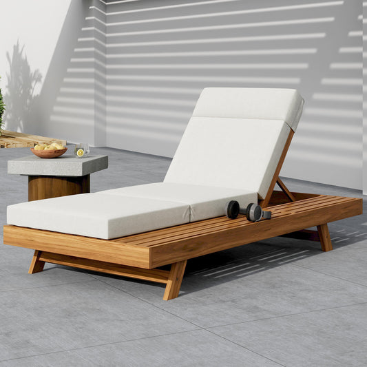 LOUNGE CHAISE SET WITH HEADREST,SPACE AVAILABLE ON ONE SIDE, ACACIA WOOD WITH WATER-RESISTANT LOUNGE CUSHIONS CREAM & 3-FOLD & 4 Inch - MATCHING DARK GREY BEIGE VERSION AVAILABLE