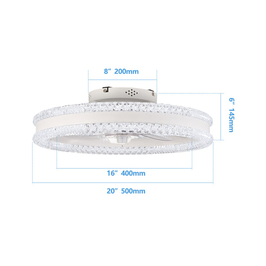 20 Luxury Double Ring LED Ceiling Fan With Light Modern Flush Mount Design, Hidden Blades, Dimmable Lighting & Remote Control, Low Profile Silent Fan For Bedroom, Living Room White