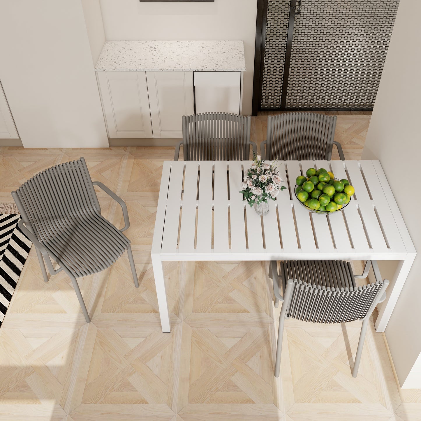 Holiday - 4pcs Warm Grey Stackable PP Armchair For Indoor Outdoor Use Ergonomic Slatted Back With 55 Inch White Modern Long Table - Indoor Outdoor- Lightweight PP Tabletop With Metal