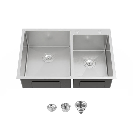 33'x19' Embedded Double Bowl Kitchen Sink, Overmount Handmade Sink In Brushed - Sink Only - Unable Ship Weekends, TK And TEMU Only For Pickup