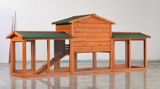 Large Wooden Rabbit Hutch, Outdoor Bunny Cage With Spacious Run, Waterproof Asphalt Roof, Pull-Out Tray And Ramp, Fir Wood Pet House For Rabbits, Chickens And Small Animals Brown & Green
