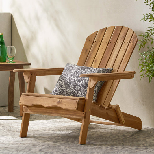 Folding Adirondack Chair Outdoor Wooden Accent Furniture Fire Pit Lounge Chairs,Foldable Design For Patio & Garden Relaxation With Slatted Back & Wide Armrests- Teak Finis