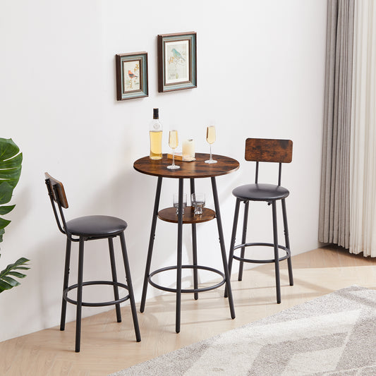 Round Bar Stool Set With Shelf, Upholstered Stool With Backrest, Rustic Brown, 23.62 W X 23.62 D X 35.43 H