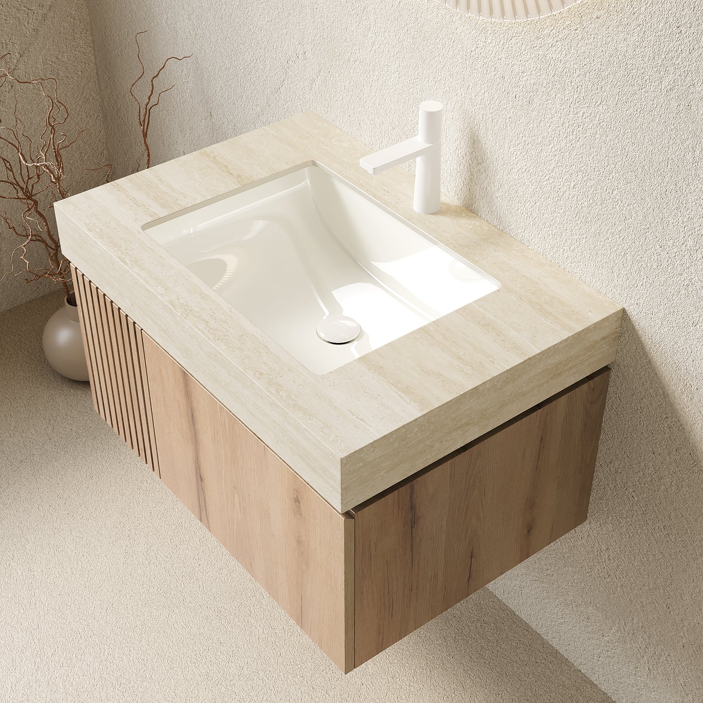 MURI 30 Bathroom Vanity&Sink, Floating Plywood Storage Cabinet With Drawer&Door, Roma Travertine Sintered Stone Top&Ceramic Basin With 1 Pre-drilled Faucet Hole, Pre-assembled, White Oak Woodgrain