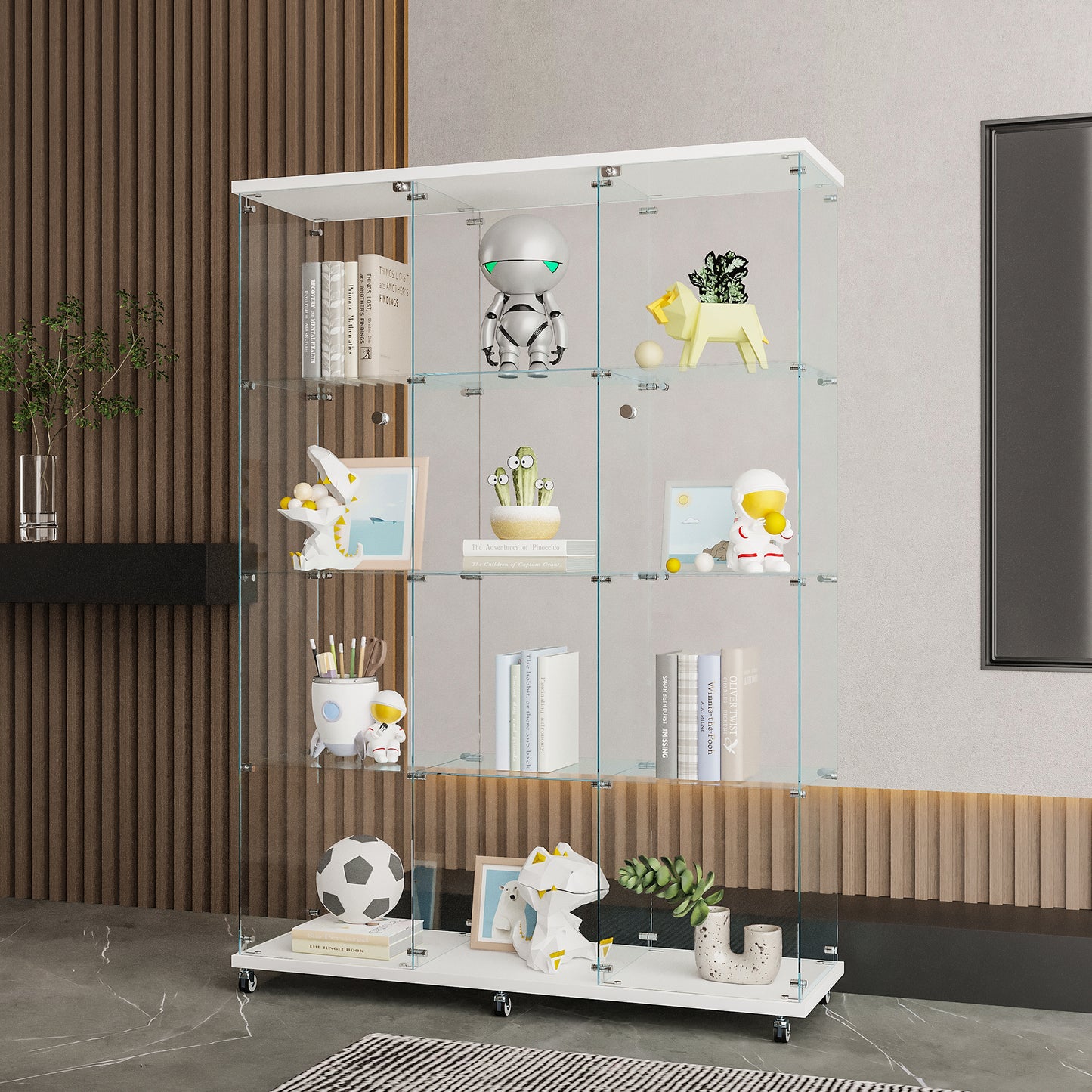Glass Display Cabinet With 4 Shelves Extra Large, Curio Cabinets For Living Room, Bedroom, Office, Black Floor Standing Glass Bookshelf, Quick Installation