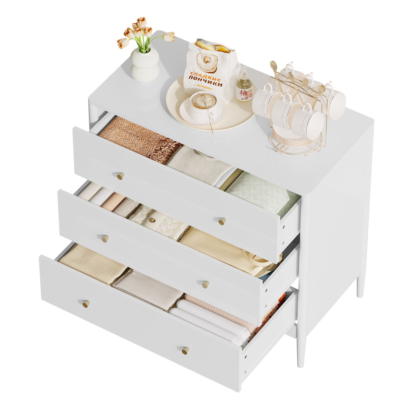 3 Drawer Dresser Chest, Modern White Storage Cabinet, MDF Wood Organizer For Bedroom, Living Room, Entryway, Small Space Furniture