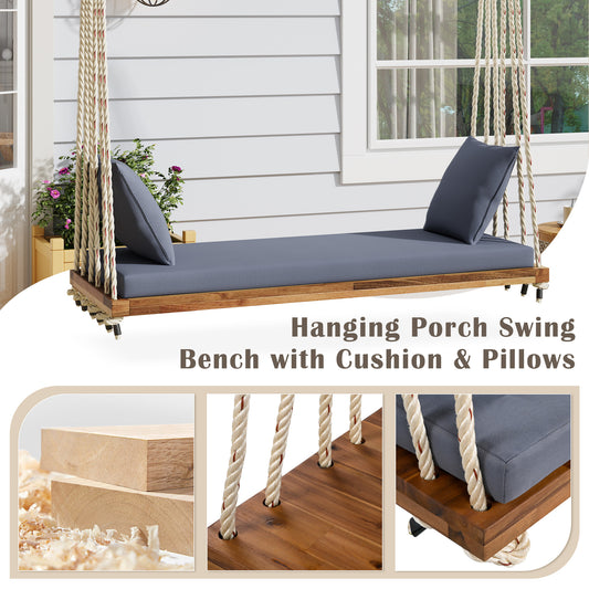 TOPMAx Patio Wooden Swing Chair Hanging Porch Swing Bench With Cushion&Pillows 10.8Ft Hemp Ropes For Garden Lawn Natural