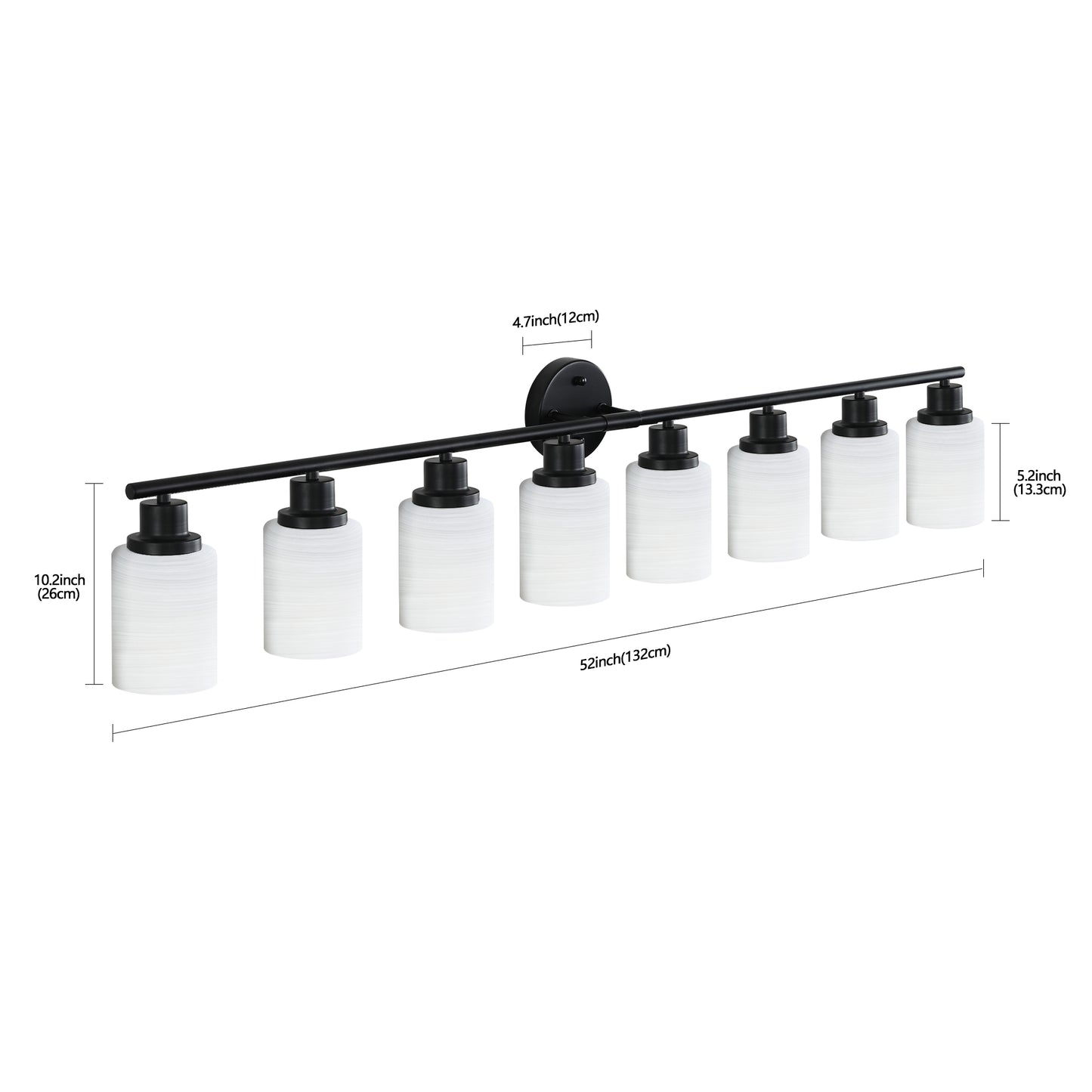 52 Modern 8-Light Vanity Bathroom Mirror Light, Frosted White Glass With Black Iron Frame, Contemporary Wall Sconce For Bedroom, Bathroom, And Dressing Room Bulb Not Included