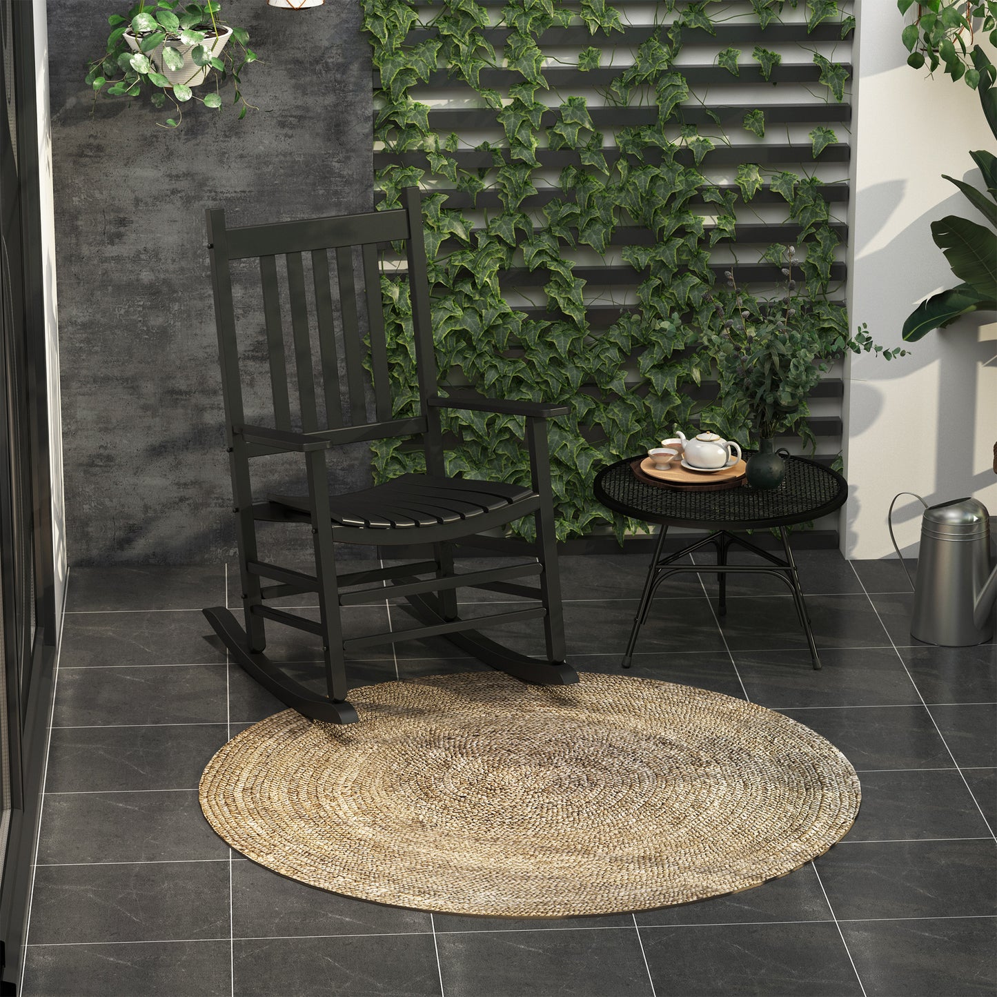 Wooden Outdoor Rocking Chair With Armrests, High Back For Garden, Patio, Balcony, Porch, Black
