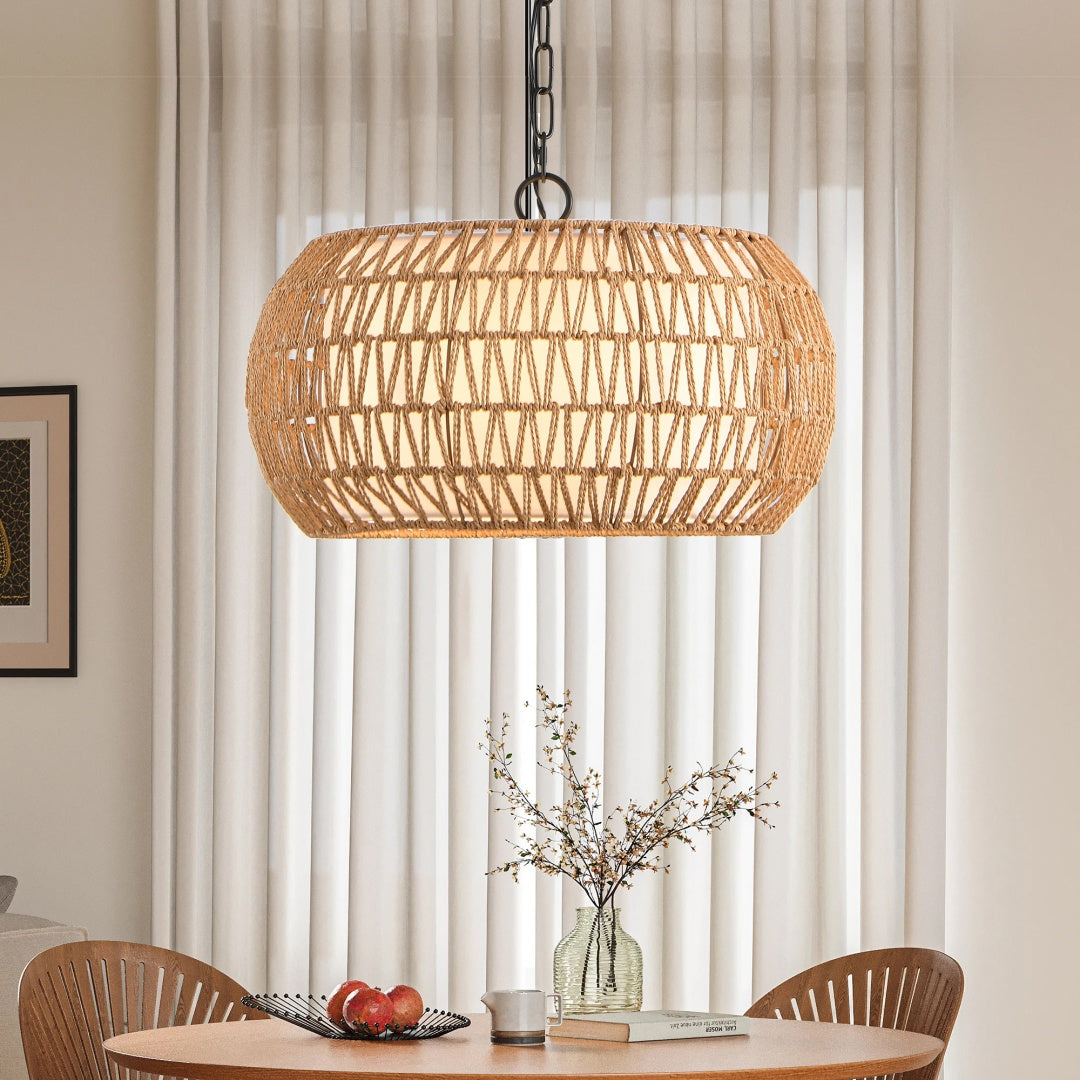 18 Farmhouse Pendant Light With Adjustable Height, Boho Woven Jute Rope Hanging Ceiling Light Fixture, E26 Base, 60W Max, Compatible With Flat, Vaulted, And Sloped Ceil Bulb Not Included
