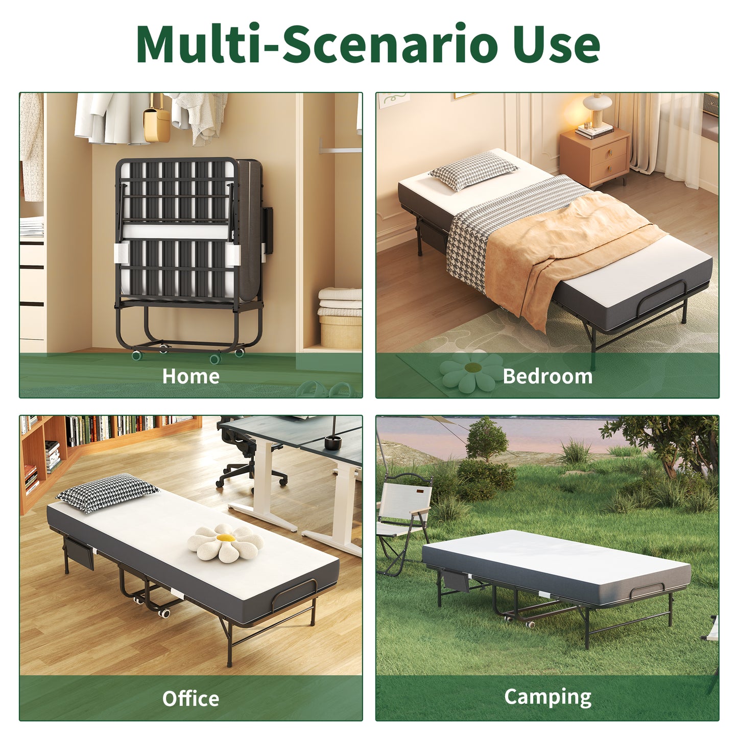 75 Inch Folding Bed With 5 Memory Foam Mattress, Space Saving Rollaway Guest Bed, Heavy-Duty Metal Frame On Wheels, Portable Twin Bed For Adults & Guests