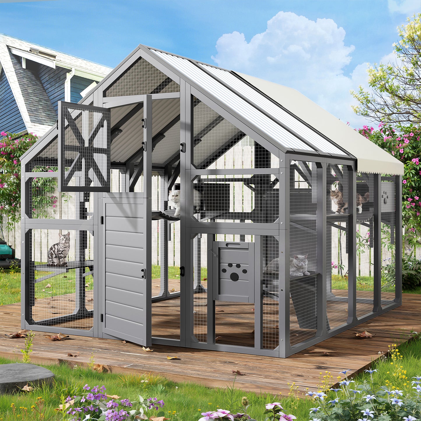Extra Large Catio Outdoor Cat Enclosure, Walk-in Outdoor Pet House For Multiple Cats, Catio Cat Run Cage With Bridges, PVC Roof, Weatherproof Cover, 8 Platforms, 2 Resting Box, Grey