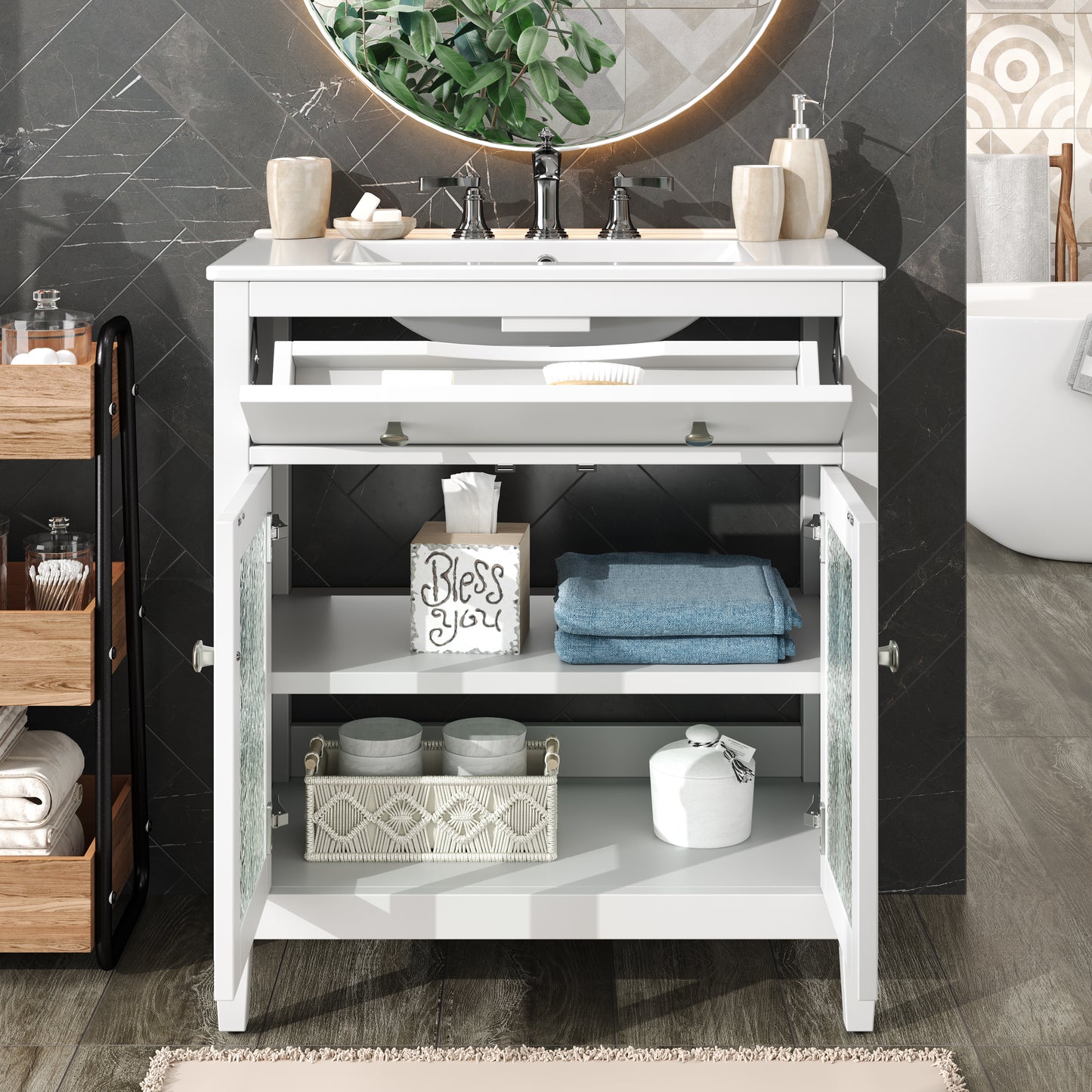 30 Bathroom Vanity With Ceramic Sink, Equipped With Adjustable Shelf And Tip-Out Tray, Bathroom Vanity With Solid Wood Legs, Silver Metal Knobs And Soft Close Hinges, White