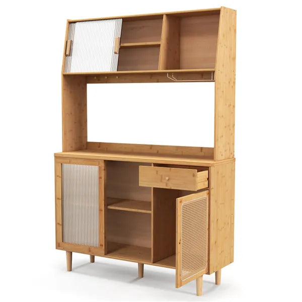 69-Inch Bamboo Kitchen Cabinet With Tempered Glass Doors, Extra Storage Space & Anti-Tilting Design