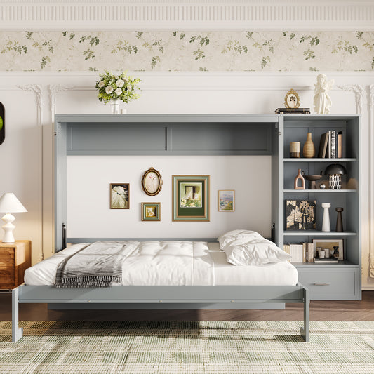 Queen Size Murphy Bed With Height Adjustable Storage Compartments And Shelf, Wall Bed Frame With 1 Drawer, Multifunctional Foldable Platform Bed For Bedroom,Guest Room, Gray OLD