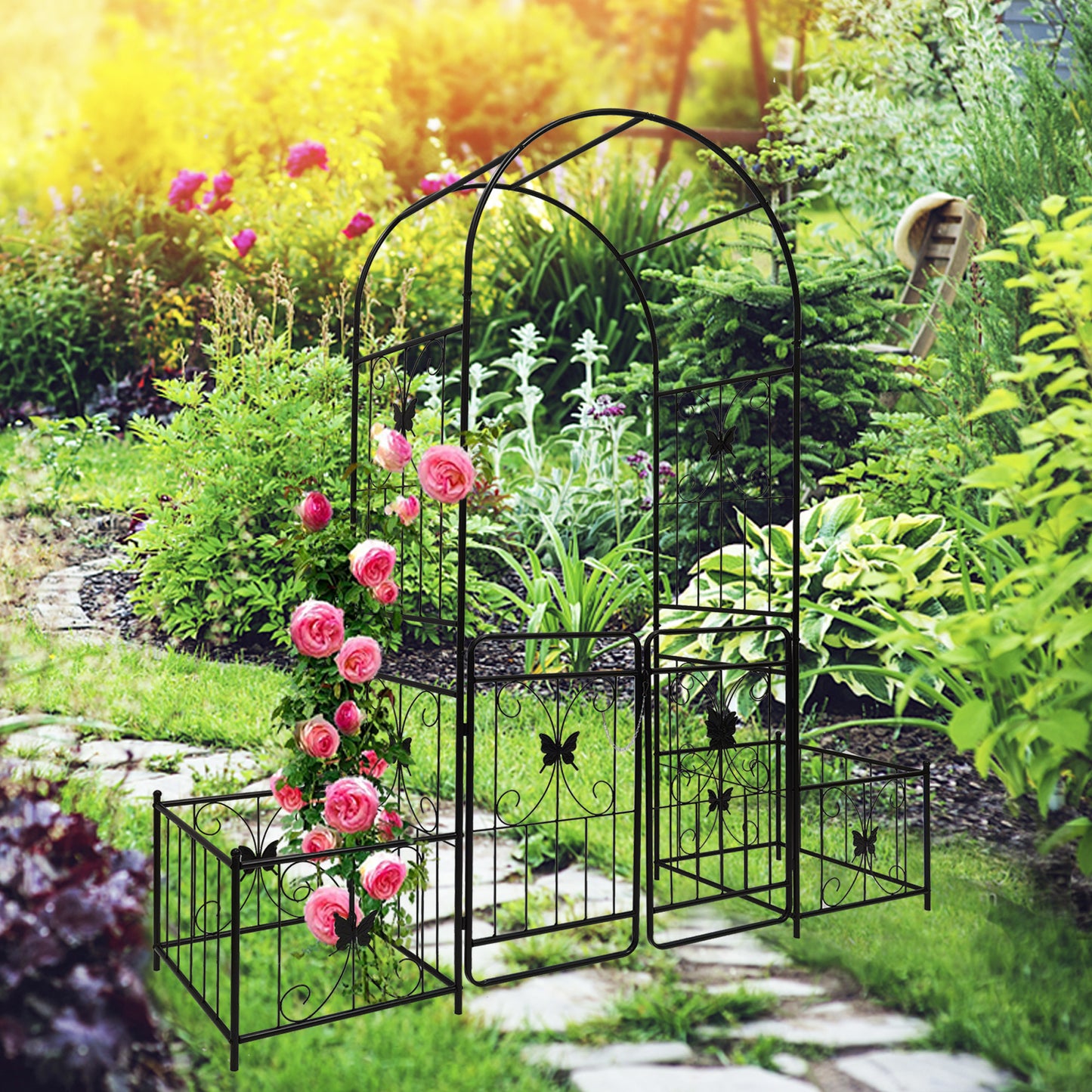 Metal Garden Arch With Gate 79.5 Wide X 86.6 High Climbing Plants Support Rose Arch Outdoor Black