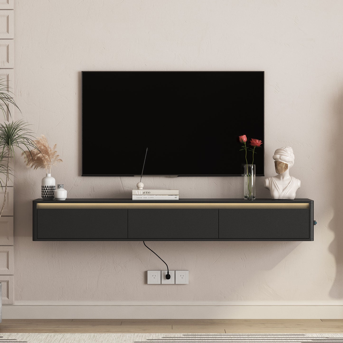 Floating TV Stand, Wall Mounted TV Shelf With Led Lights & Power Outlet,High TV Cabinet For Black Tv Stands For Living Room