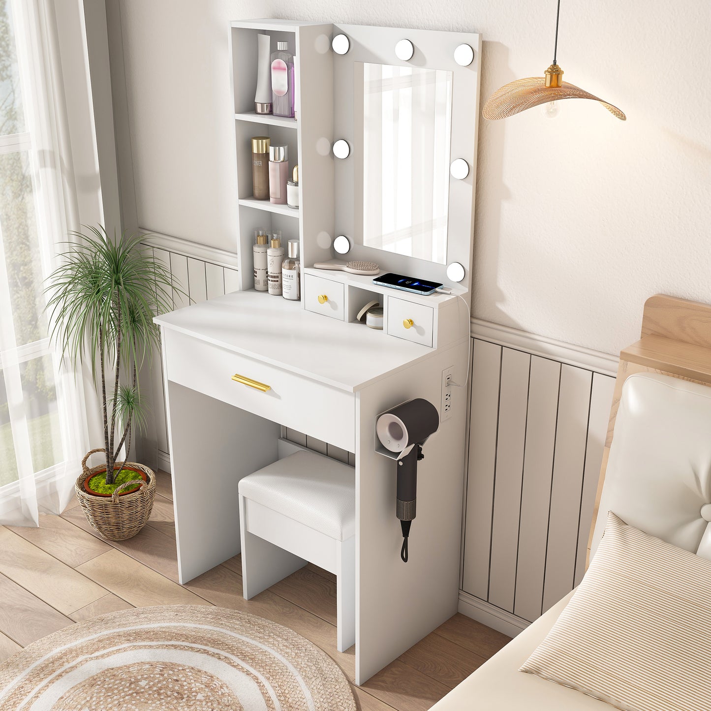 Vanity Table With Mirror & Adjustable LED Lights, Power Outlet, Hairdryer Holder & Stool -Compact Dressing Desk For Small Bedrooms White