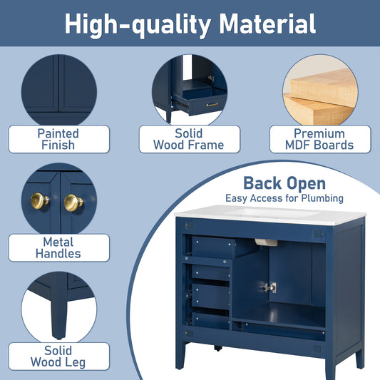36 Bathroom Vanity With Sink, Bathroom Cabinet With Soft-Closing Door, 4 Drawers Of Different Sizes, Solid Wood Frame And Leg, One Package, Blue