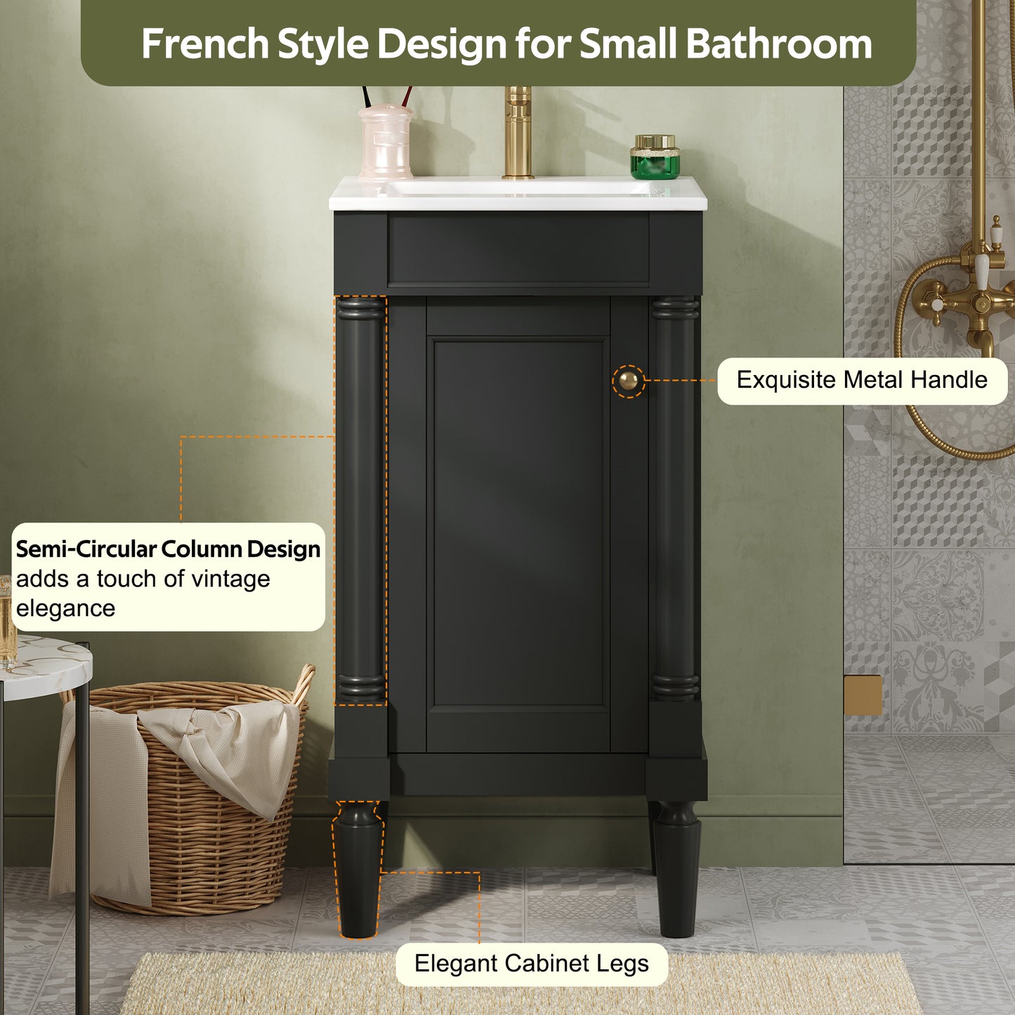 18 French Style Bathroom Cabinet With Storage, Small Space Solution With Ceramic Sink, Adjustable Shelf, Soft-Closing Hinges