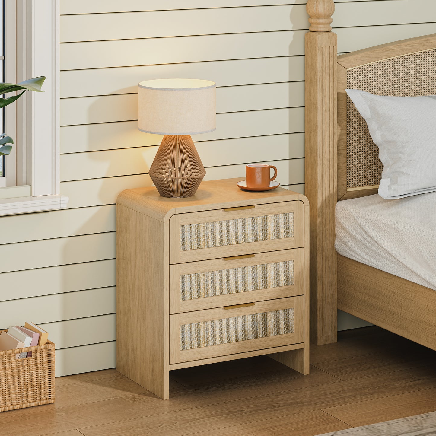 Rattan 3 Drawers Nightstand Set Of 2, 22.8 Wide Curved Wooden Bedside Table, Modern Storage For Bedroom, Natural Oak.