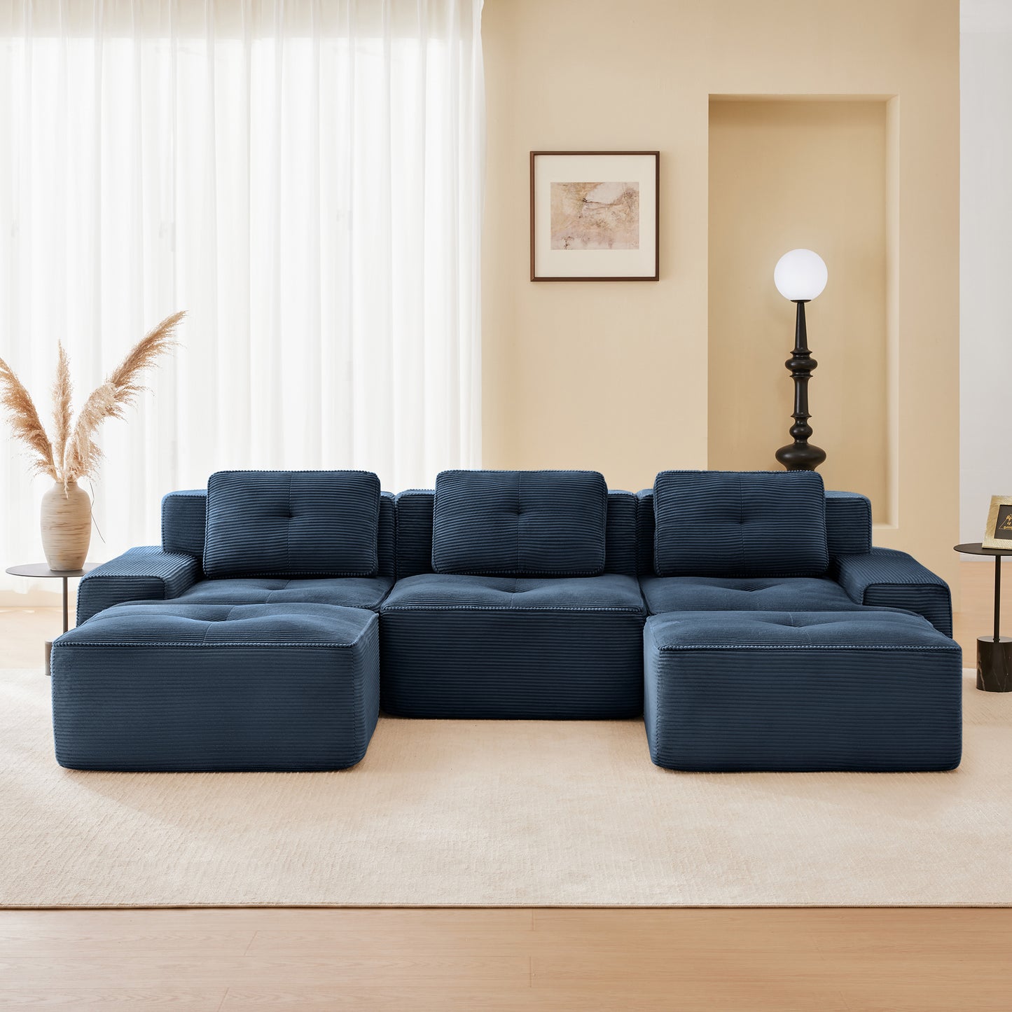 117 Modern U-Shaped Modular Sectional Sofa For Living Room, Corduroy Fabric, 3-Seater Couch With Deep Seat And Movable Ottoman,Pearl-like Piping, Tufted Design,No Assembly, Anti-slip Design,Blue