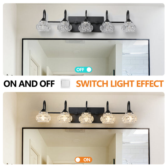 29 Retro 5-Light Bathroom Vanity Light Fixture - Black Finish With Crystal Glass Shades, Wall Mounted Lighting For Bathroom, Powder Room, And Vanity Mirror No Bulbs