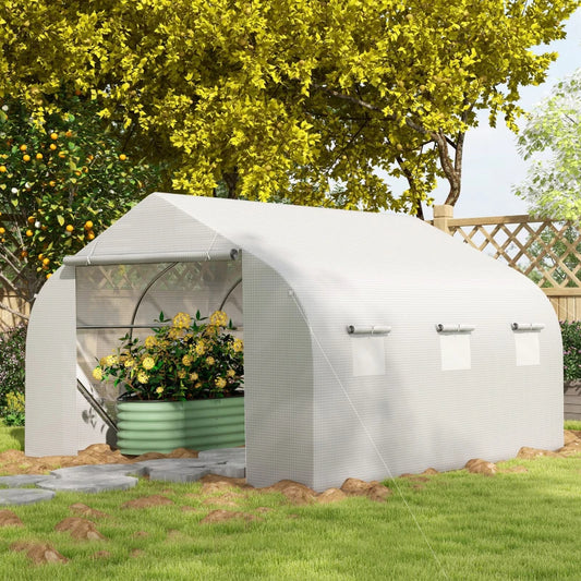 Outdoor Walk-in Greenhouse, Tunnel Green House With Roll-up Windows, Zippered Door, PE Cover, Heavy Duty Steel Frame, White