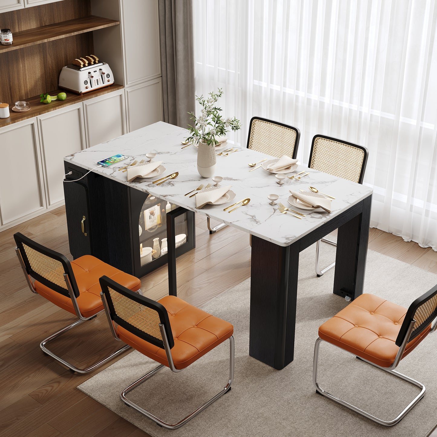 TREXM Extendable Dining Table With 3 Removable Middle Leaves Mobile Rolling Island Table With Power Outlet Saving-space Cabinet With Storage For Dining Room And Living Room BLACK AND MARBLE WHITE