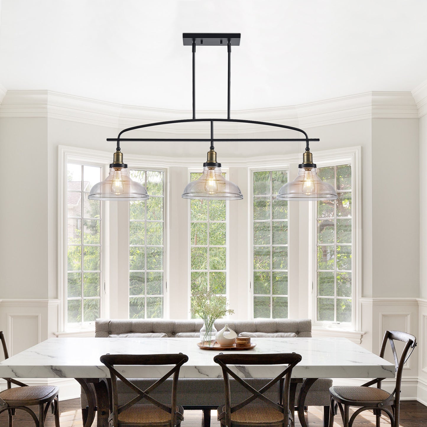 45 Industrial 3-Light Pendant Chandelier With Clear Glass Shades, Black Metal Frame, Adjustable Height, Modern Farmhouse Lighting For Kitchen Island, Dining Room, Or Living Room Bulb Not Included