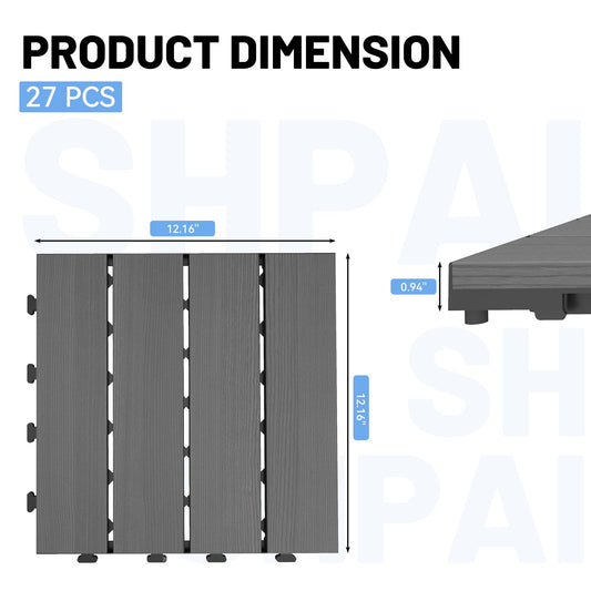 27 Pcs Interlocking Deck Tiles, 12 X 12 HDPE Outdoor Flooring, Patio Flooring Outdoor Waterproof, Deck Tiles Outdoor Waterproof For Deck Garden Poolside, All Weather Use -Dark Grey