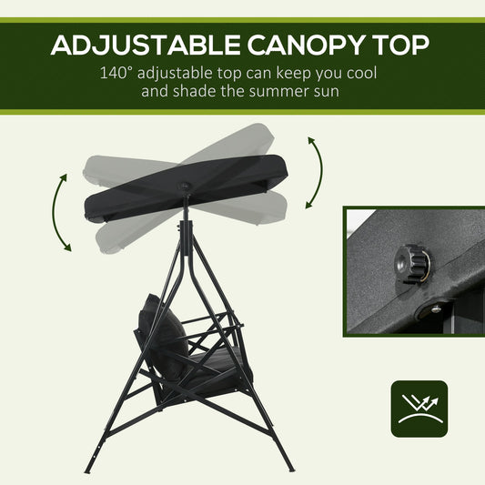 3-Seat Patio Swing Chair, Porch Swing Glider With Cushion, 3 Throw Pillows & Adjustable Canopy For Porch, Garden, Poolside, Backyard, Black