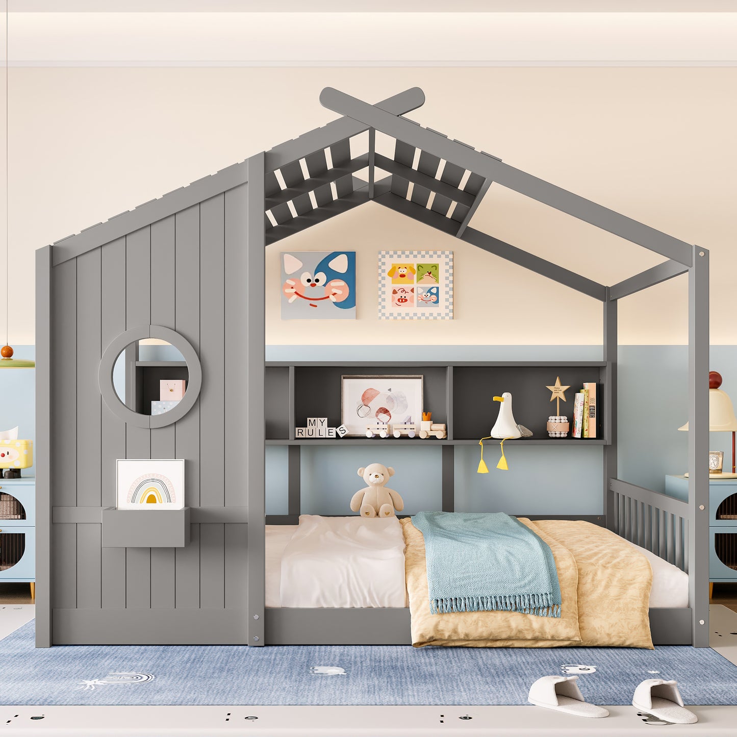 Full Size Floor House Bed For Toddler, Kids Montessori Bed With Storage Shelf, Playhouse Bed With Roof Design, Gray