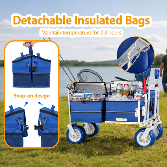 Beach Wagon Cart 500lbs Heavy Duty Collapsible Folding Wagon Oversized 150L 9 PVC All- Terrain Wheels Adjustable Handle Cooler & Storage Bags For Beach Camping Garden & Outdoor Sports Blue