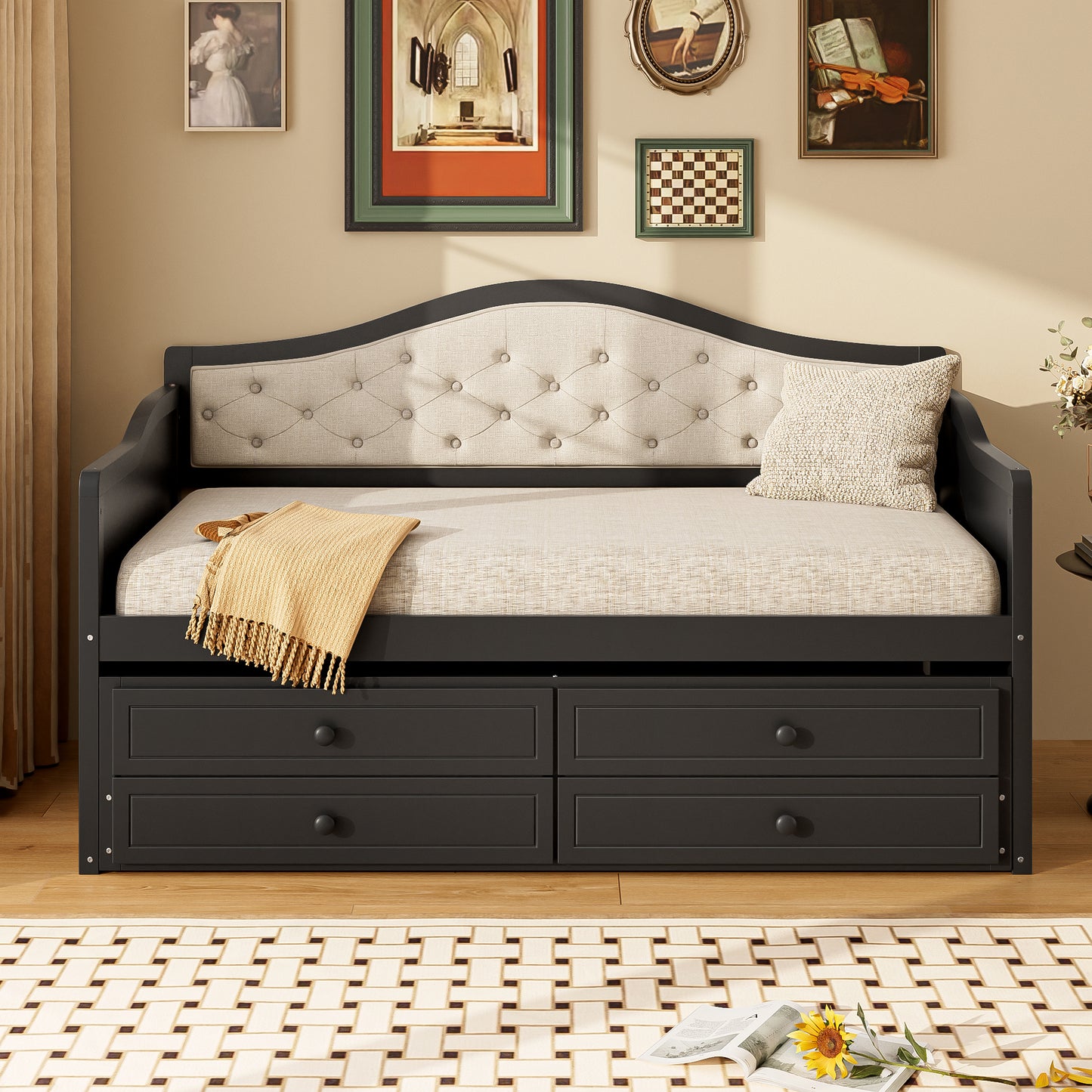 Twin Daybed With Trundle, Twin Size Daybed With 2 Storage Drawers, Wooden Sofa Bed With Upholstered Button Tufted Backrest For Living Room, Bedroom, Guest Room,Black