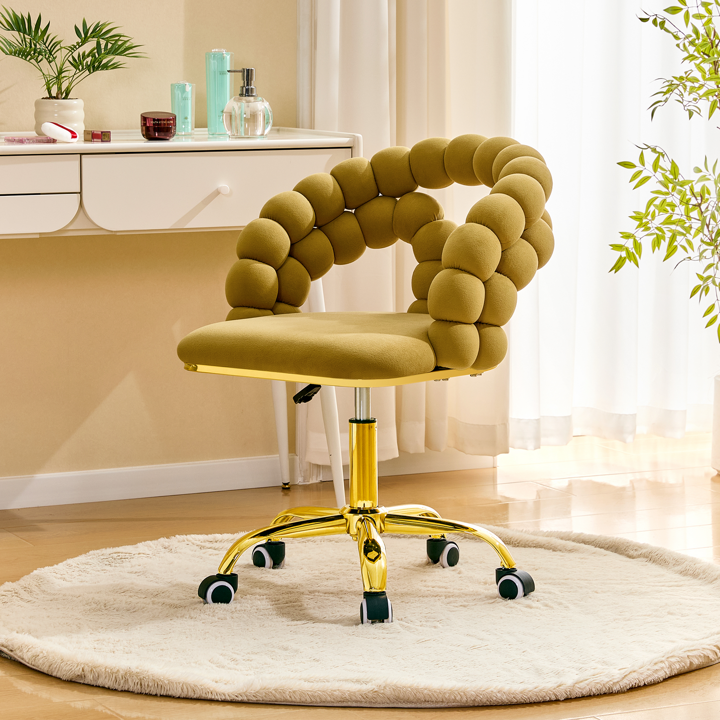 Modern Velvet Adjustable Swivel Desk Chair With Bubble Back, Upholstered Vanity Chair With Gold Metal Base, Rolling Office Chair For Home Office, Bedroom, Makeup Room, Mustard Yellow Set Of 1