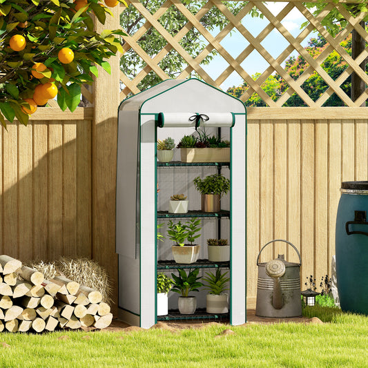 Mini Greenhouse With Screen Roof, 4 Tier Portable Small Greenhouse With High Strength PE Cover, White