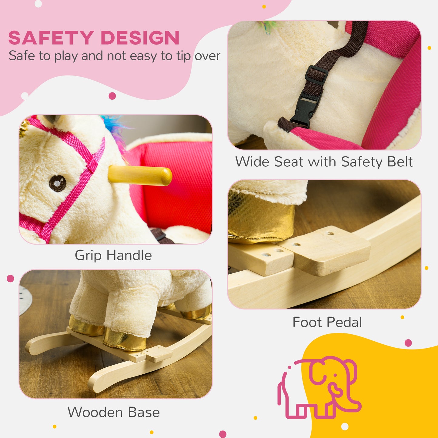 Kids Rocking Horse, Unicorn With Realistic Sound, Safety Belt & Wooden Base For 18-36 Months