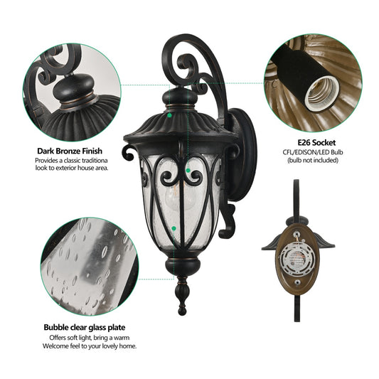23in H 1-pack Classic Outdoor Wall Lantern, Black Vintage Wall Sconce With Bubble Glass, Weatherproof Exterior Light Fixture For Porch, Patio, And Entryway Bulb Not Included