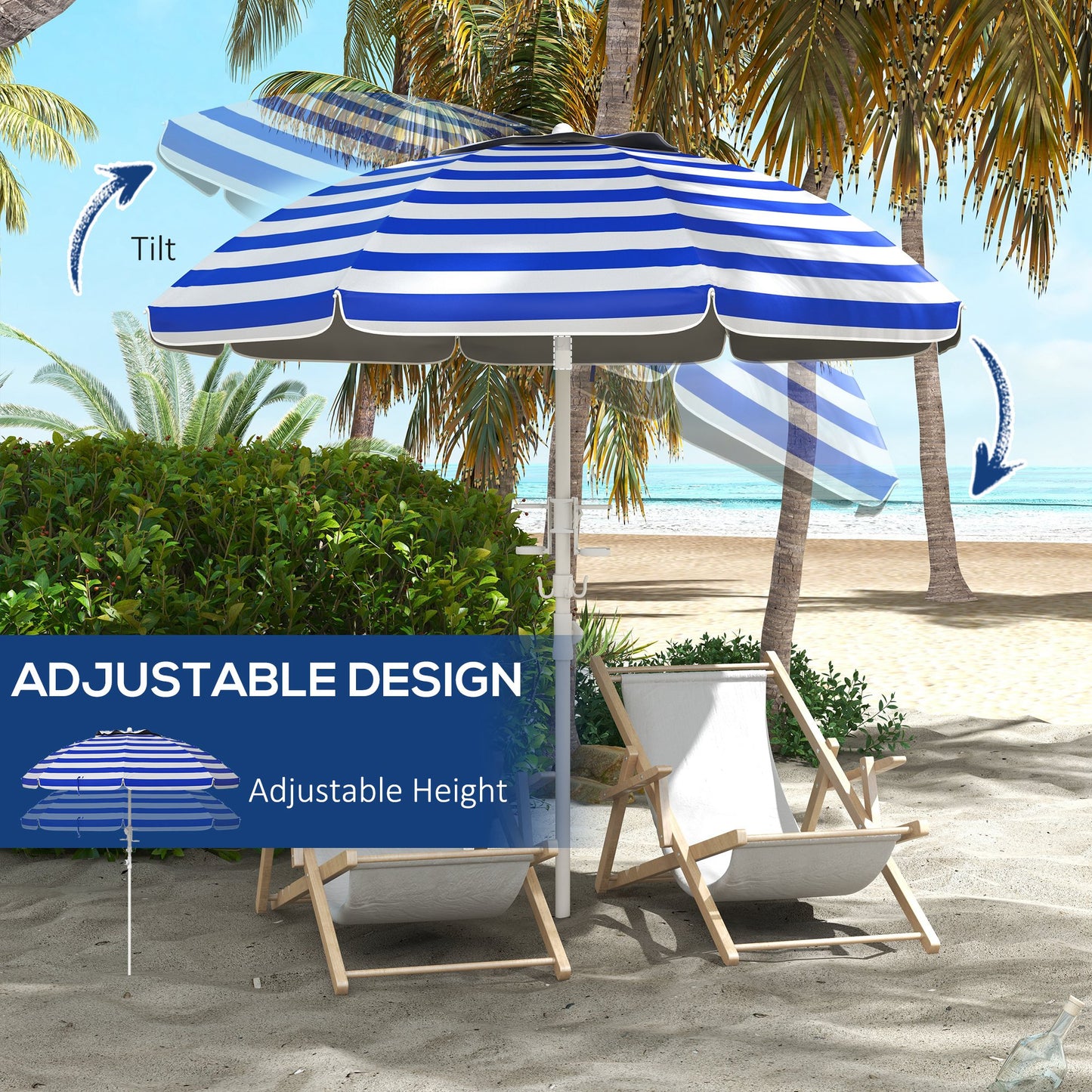 5.7' Beach Umbrella For Travel With Tilt, Adjustable Height, 2 Cup Holders, Hooks, Vent, Ruffles, Blue Stripe