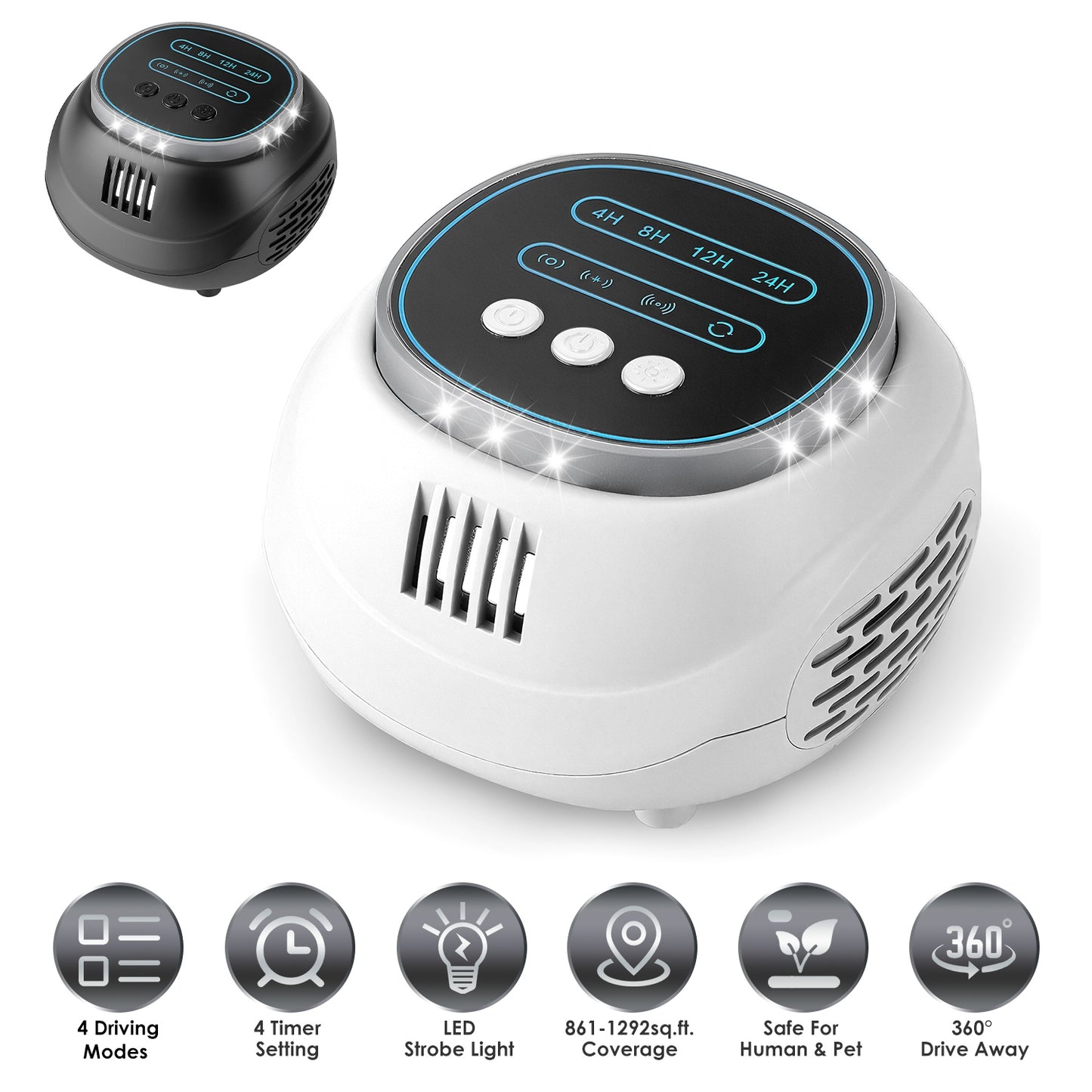1Pc Ultrasonic Rodent Chaser Rat Repellent Pest Driver Mouse Control Squirrel Repeller With 4 Modes 4-65KHz Strobe Light 4 Timer 1292sq.ft. Coverage For Rodent Mouse Rats Squirrels Bats