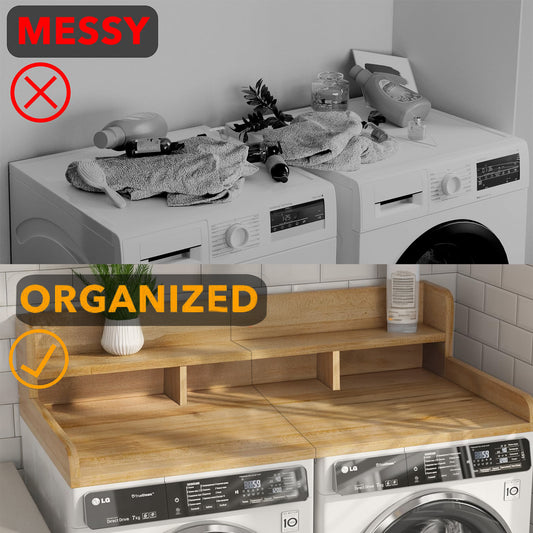 Washer Dryer Countertop With Non-slip Pads, Laundry Wood Shelf Topper With Edge, 54 Width X 27.5 Depth Double Layer Organizer For Washer And Dryer Laundry Hamper Counter Storage Natural Color
