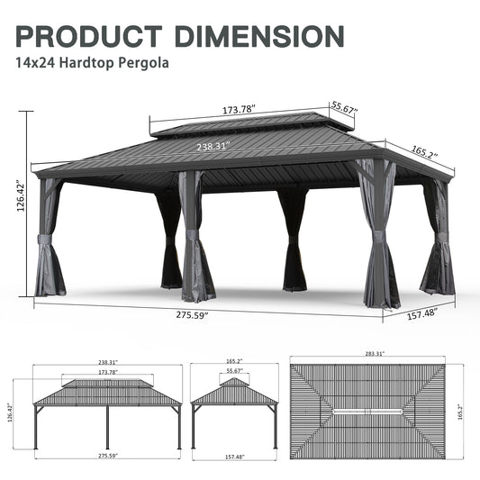 14 X 24 Hardtop Gazebo, Upgraded Metal Gazebo With Drainage System, Dual-Layer Galvanized Steel Roof, Curtain And Netting, Outdoor Shelter Canopy For Patio, Garden, And Backyard, Grey