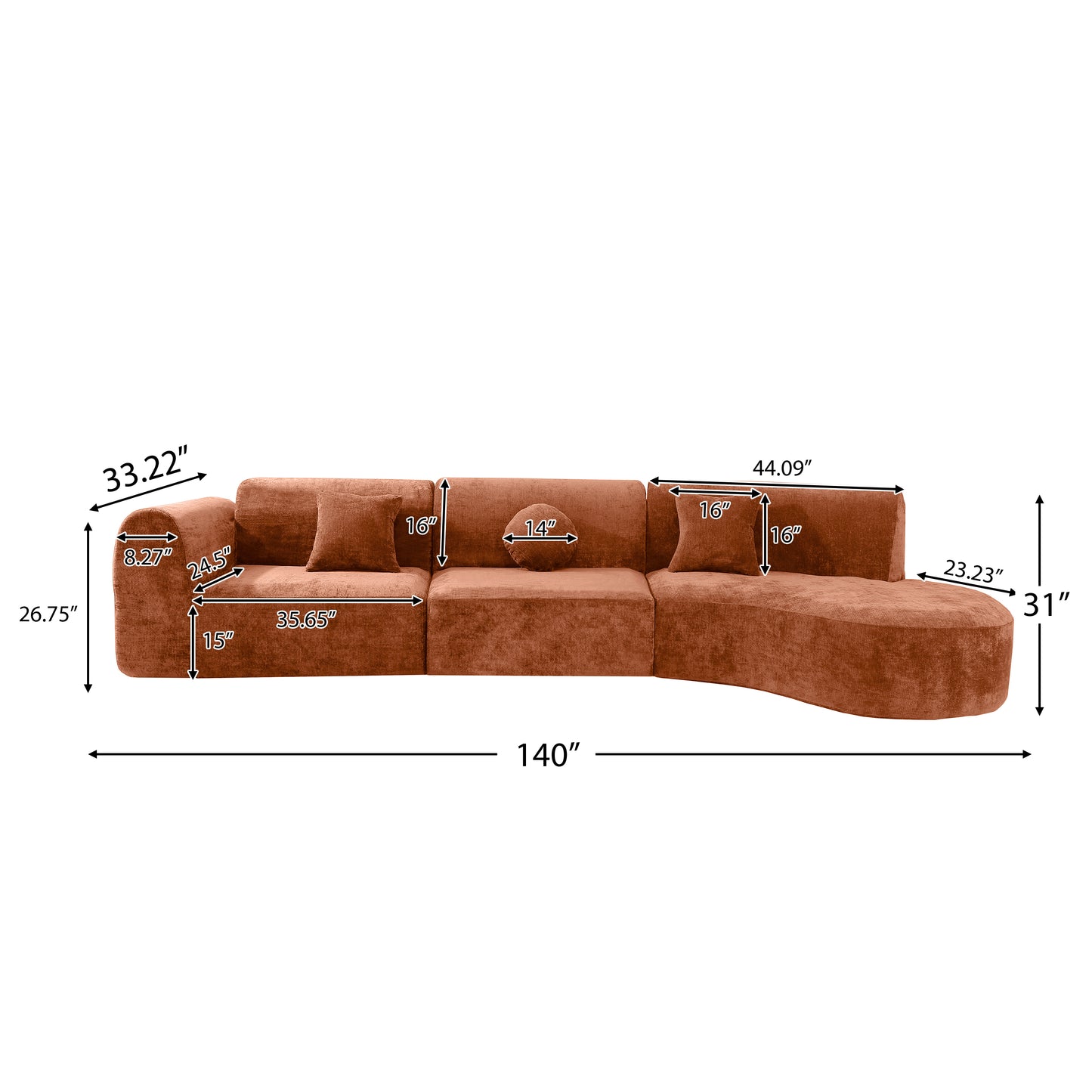 140 Modern Curved Sectional Sofa With High-Density Fully Compressed Sponge And Chaise Lounge, 3-Piece Set, Fully Assembled Right Hand Facing, Perfect For Living Room, Lounge
